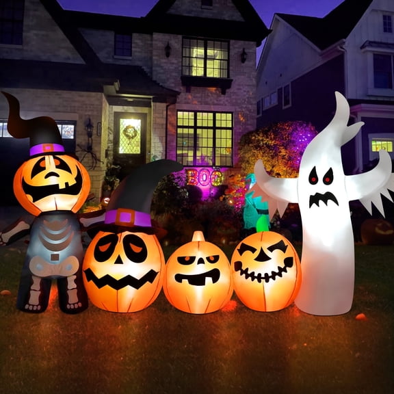 Yexmas Halloween Inflatables, 9 FT Long 4 Pumpkins with Cute White Ghost Outdoor Decorations, Built-in LEDs, Blow Up Party, Waterproof Yard, Garden, Lawn Decor