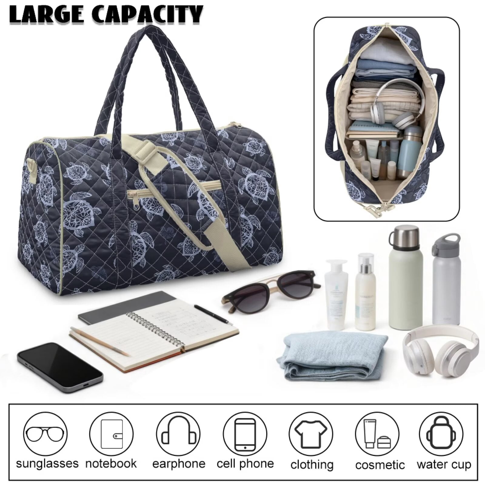 Chririnla Blue Turtles Print Modern Gym Bag Soft Duffle for Women Easily Portable Fitness Luggage with Quilting Design & Multi-Pockets Fits Exercise