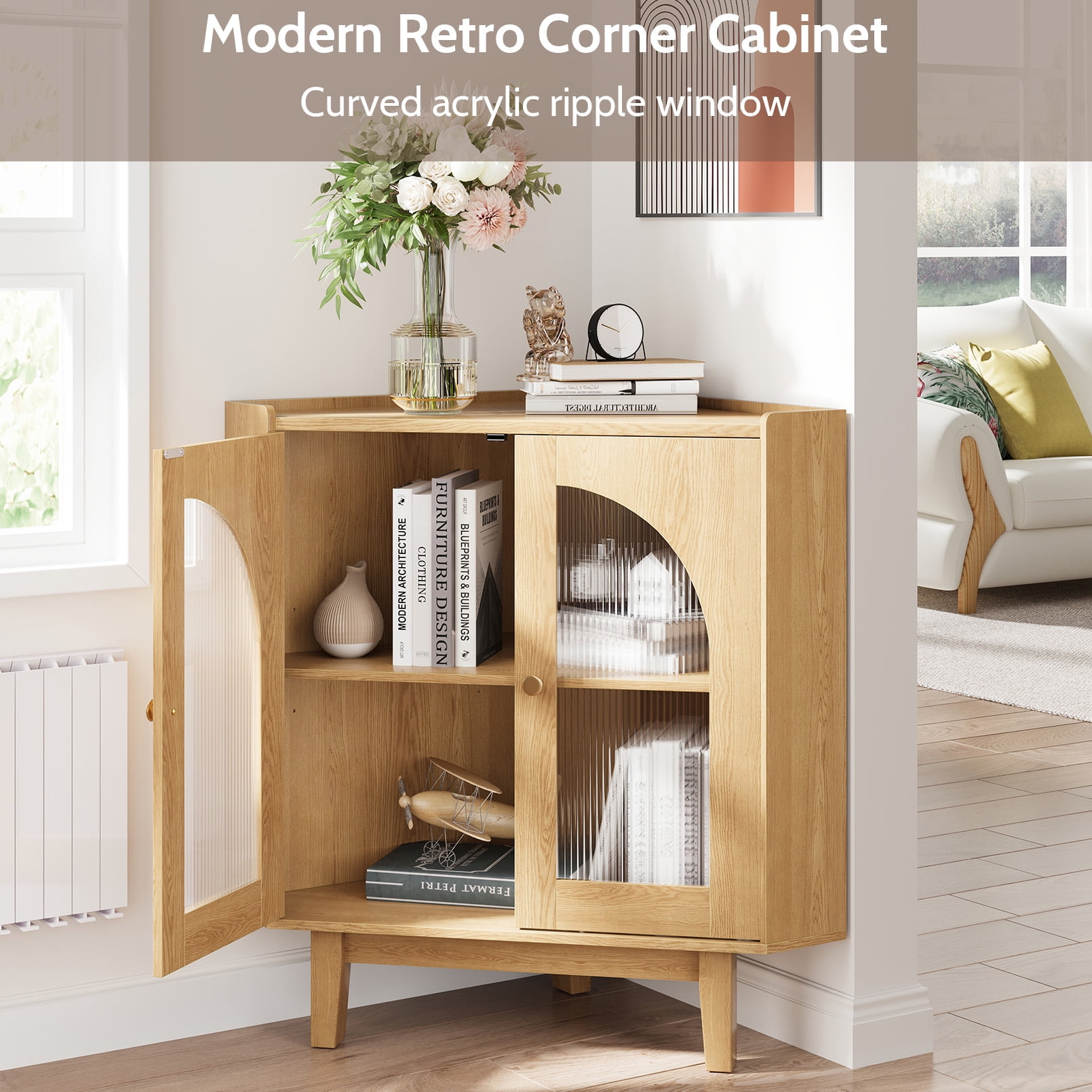 Vividwood Floor Corner Cabinet with Doors and Shelves, Fluted Storage Cabinet Freestanding Corner Cabinet for Bathroom, Kitchen, Living Room, Wood