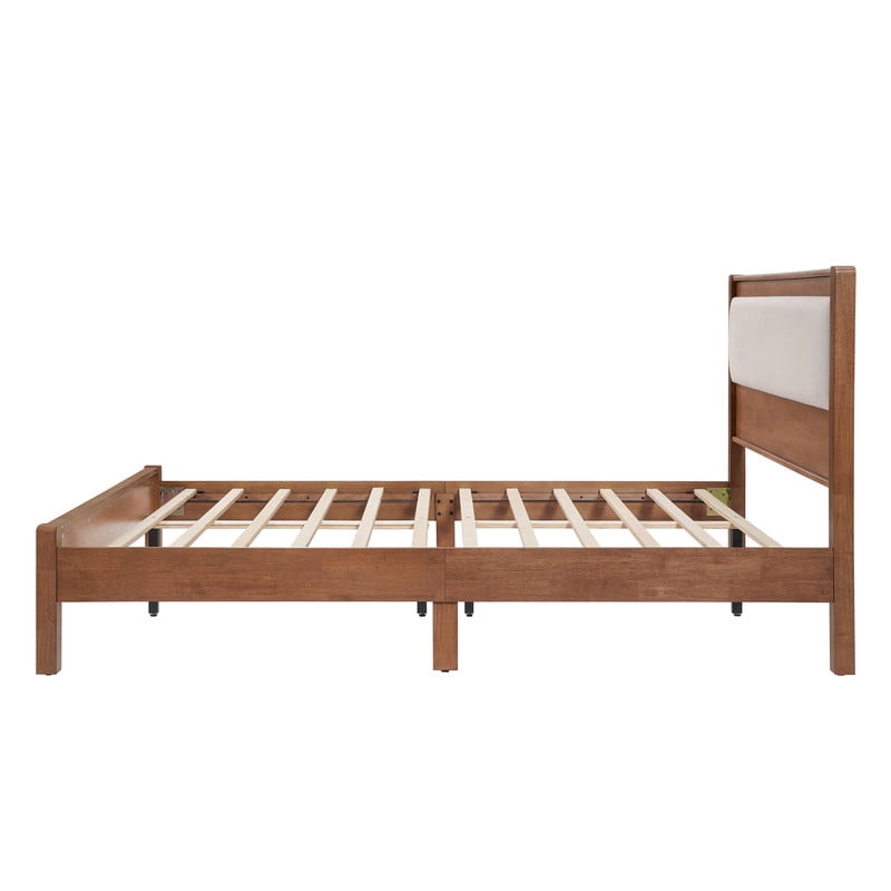 Queen Size Wooden Bed Frame with Upholstered Headboard, Low Profile Platform Bed with Central Support Legs