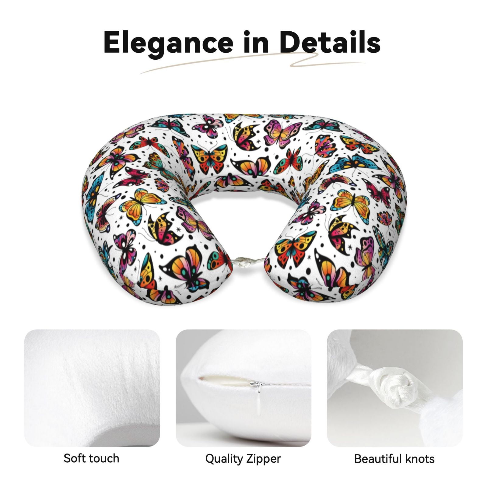 Xecao Cute Butterfly Print Memory Foam Cervical Neck Pillow Versatile U-Shaped Pillows for Home,Office,Camping,Travelling,Soft Washable Cover