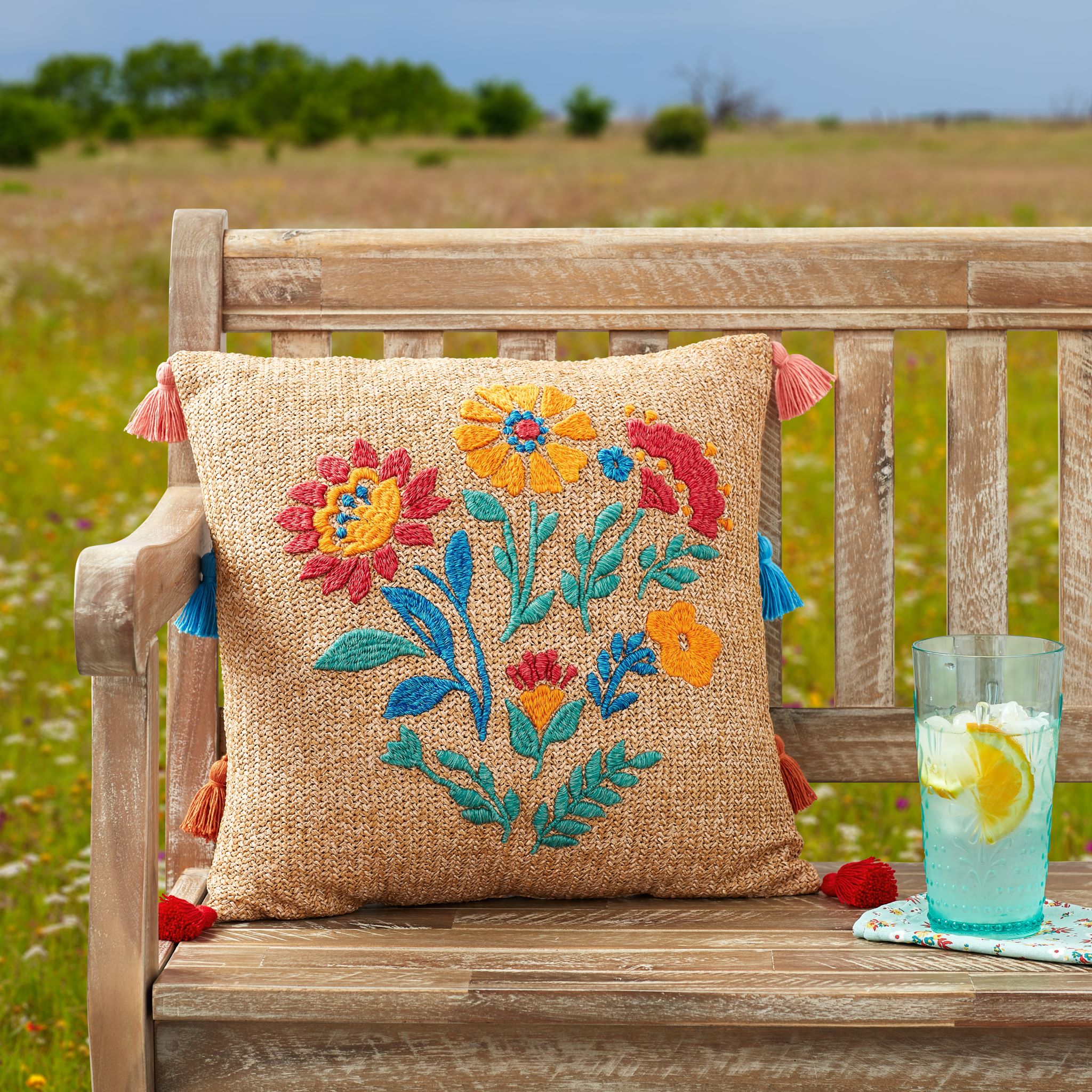 The Pioneer Woman Embroidered Tan Outdoor Pillow, 16" x 16" - image 5 of 9