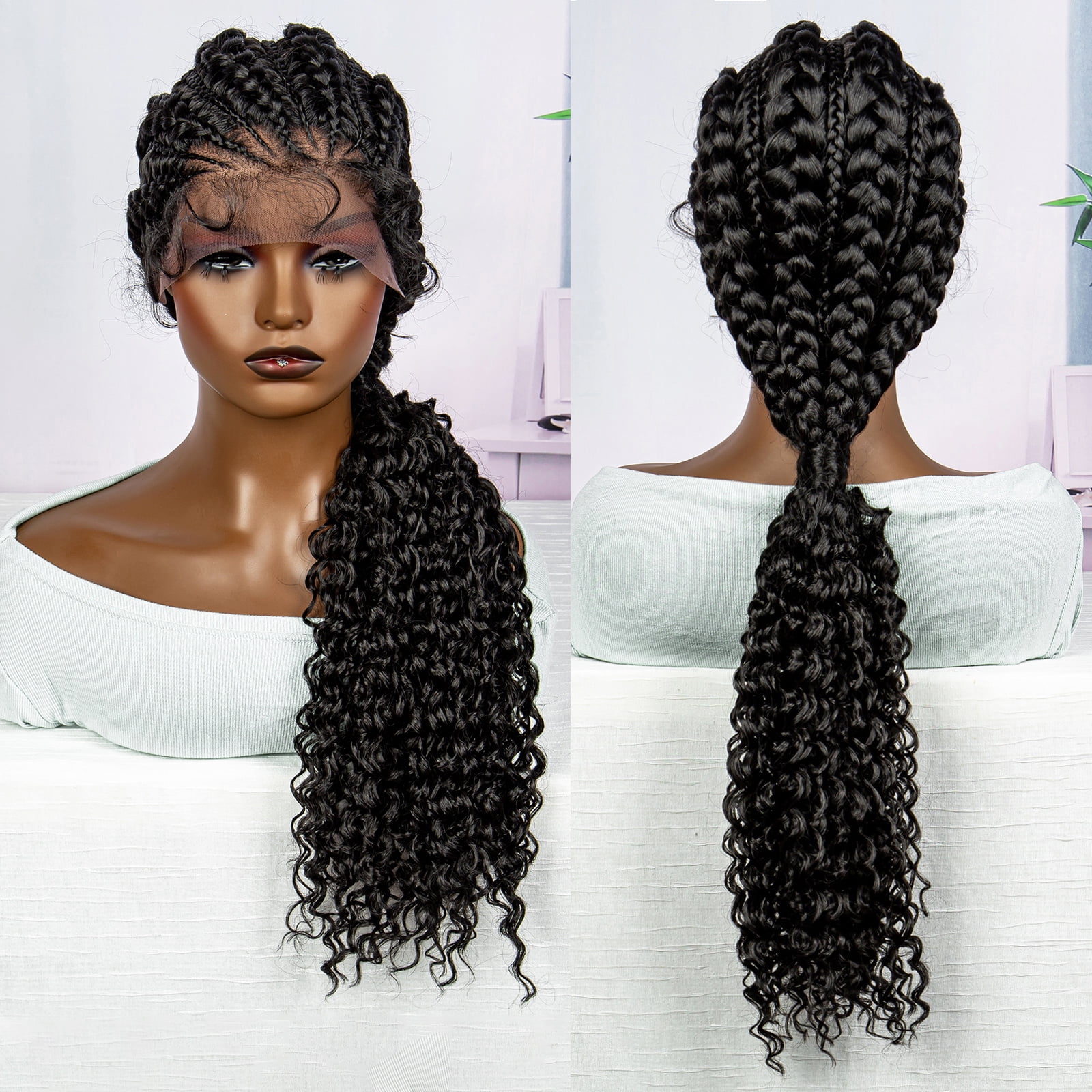 28 Inches Lace Frontal Synthetic Braided Wigs Lace Front Braided Ponytail Wig Natural Knotless with Baby Hair for Black Women Daily Use (1B Color)