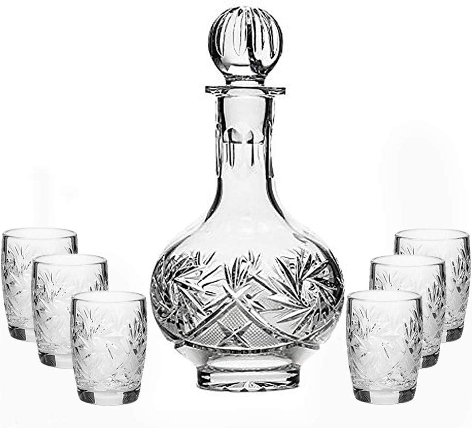 7Piece Russian Crystal Vintage Vodka Set, 16Oz Decanter Carafe w/ 6