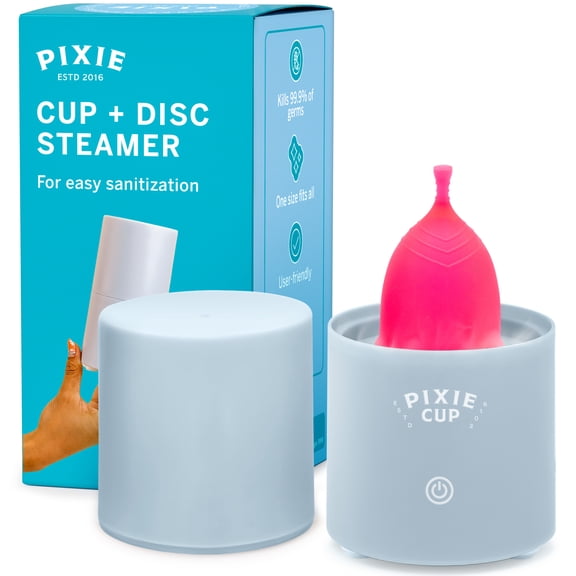 Pixie Menstrual Cup & Disc Steamer Sterilizer 2.0 - Kills 99.9% of Germs with Cleaner Steam - Wash Your Period Cup in 3 Minutes! - The Most Asked For Sensor On-Off Button & Must Have Cylinder Shape