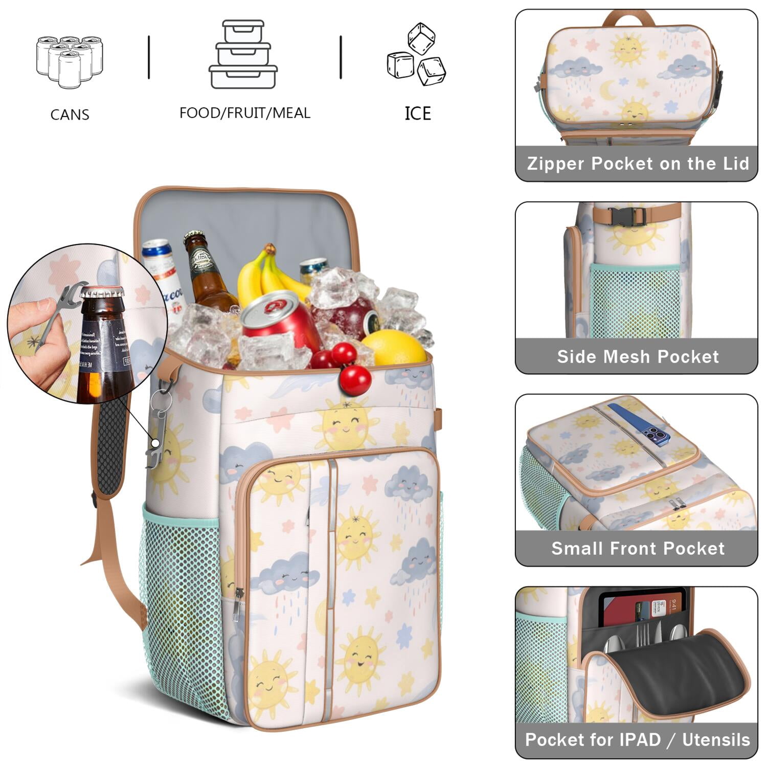 Backpack Cooler,Cooler Bag Insulated Leak Proof Travel Cooler Bag Waterproof Lunch Picnic Beach Work Trip Thermal Bag Drink Beverage Beer Bag Cooler Starry Night Sky, Moon, Aurora