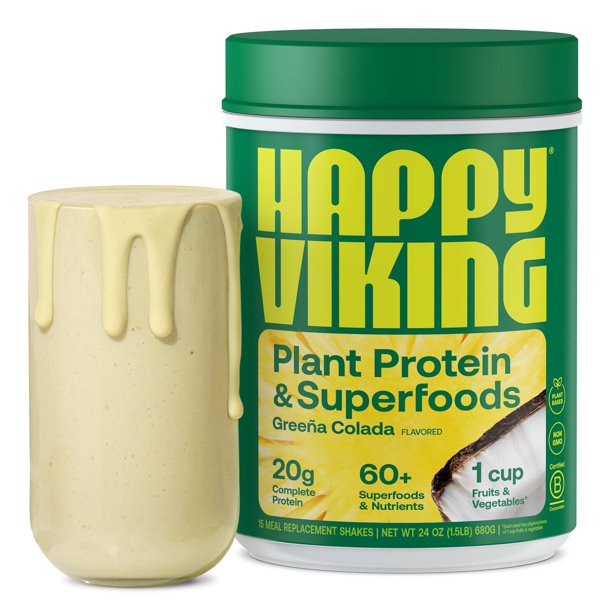 Happy Viking Greeña Colada Plant Protein Powder, Created by Venus Williams, 20G Protein, Low Carb, Keto, Vegan, Gluten-Free, Non-GMO, Superfoods, Complete Meal Replacement, 1 Canister (24 oz.)