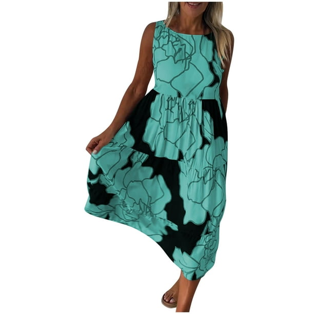 Vestido de Verano para las Mujeres Cremallera de Impresión Casual sin Mangas, Cuello Redondo Poliéster Spandex para el Uso Diario Y de Primavera