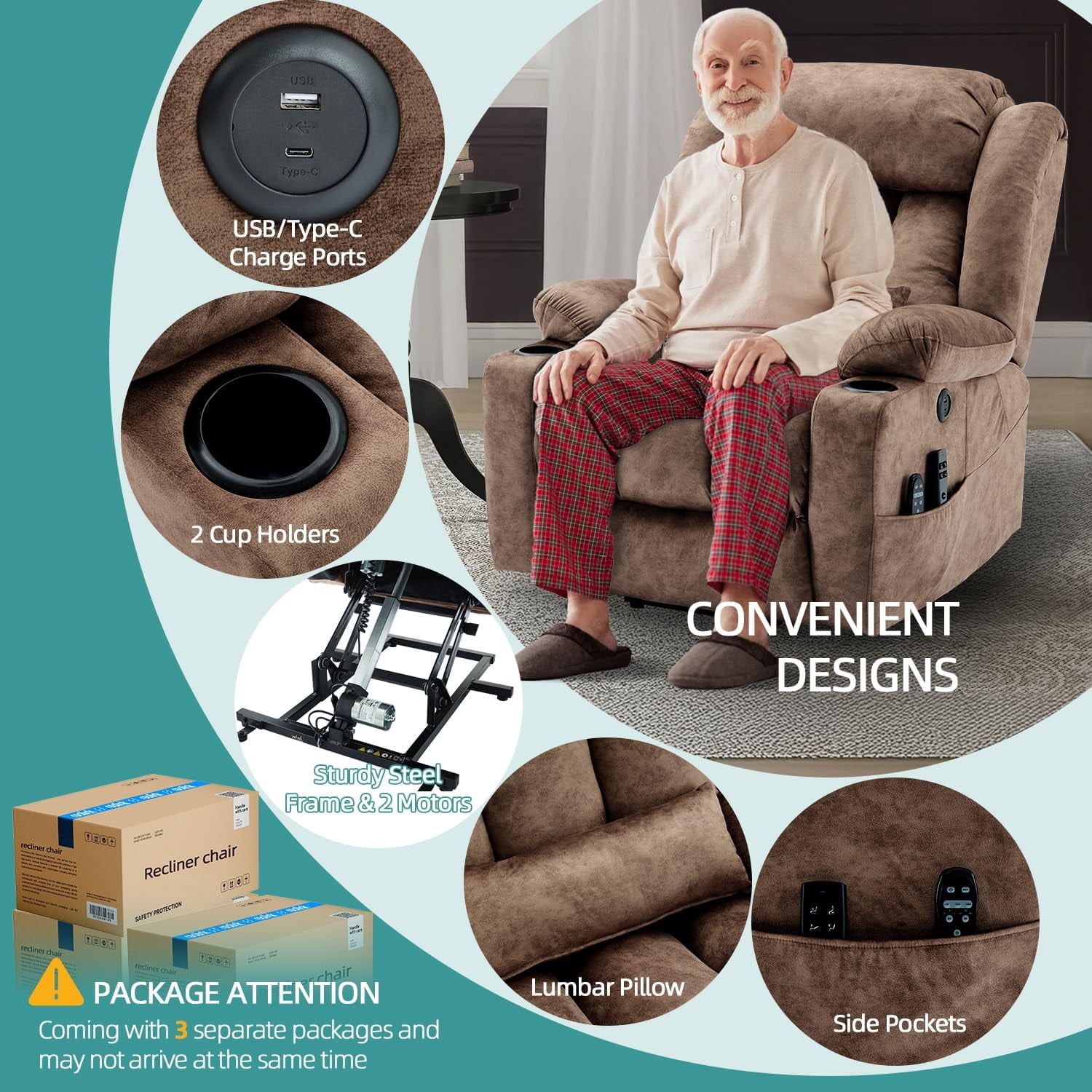 MEETWARM Oversized Dual Motor Lay Flat Power Lift Recliner Chair for Big Man with Heat Massage, Large Sleeping Electric Recliner with Extended Footrest, Lumbar Pillow, USB & Type-C Ports, Plush-Brown