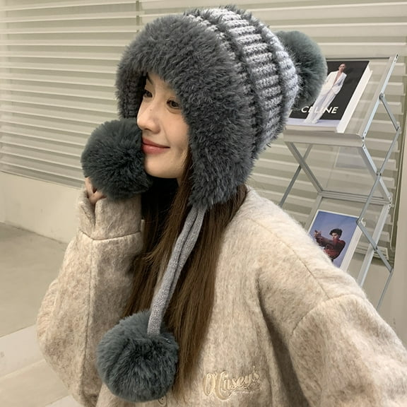 SikaFu Winter Warm Hanging Ball Plush Cap Female New Ear Protection Cute Knitted Hat Net Red Small Fresh Sweet Lace