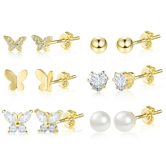 Alexcraft Small Gold Stud Earrings - 6 Pairs Earrings Studs for Women - Cubic Zirconia 14k Gold Plated Heart Ball Pearl Stud Earrings Hypoallergenic Stud Earrings Pack