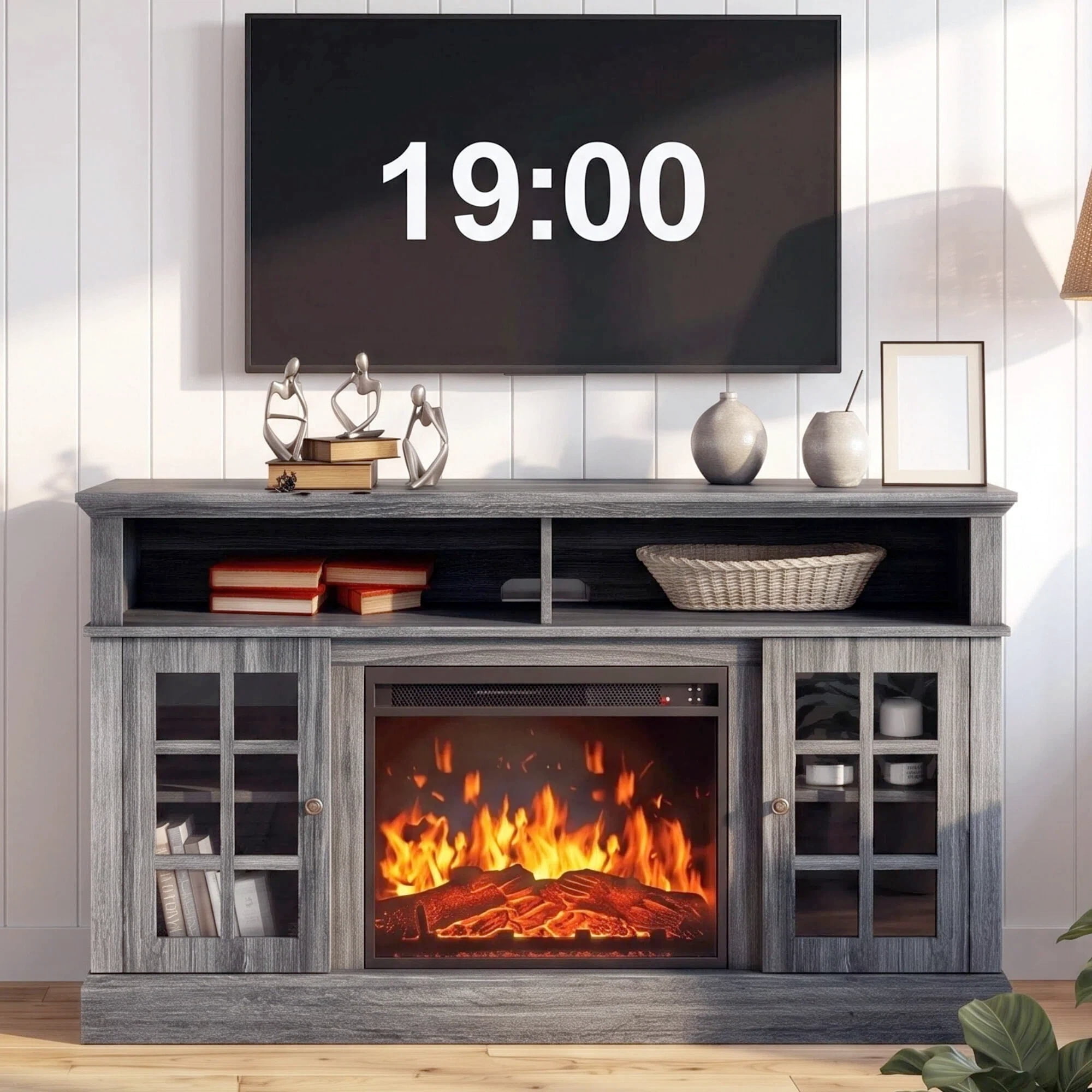 CHITOOMA 1400W Electric Fireplace TV Stand TV Console with 23″ Fireplace for up to 75 inch TVs with Adjustable Shelves,Grey
