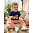 thumbnail image 4 of Cjfdfy Toddler Baby Boy Halloween Thanksgiving Outfits Infant Baby Boys Summer Fall Clothes Short Sleeve Pumpkin in Truck Embroidery T-Shirt and Plaid Pockets Shorts Set, 4 of 9