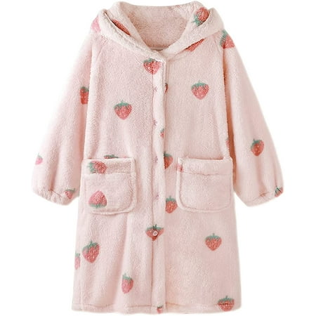 

QWZNDZGR Womens Plush Robe Cute Soft Fuzzy Ears Hooded Bathrobe Cozy Fleece Warm Fluffy Robes