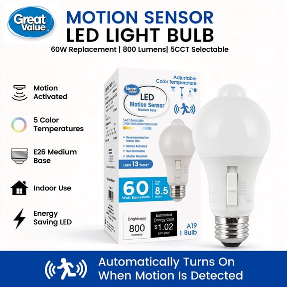 Great Value A19 LED Light Bulb, Indoor PIR Motion Sensor, Non-D2D, 60W Equivalent, E26 Medium Base, 6-10 ft