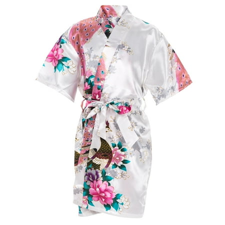Mr & Mrs Right Kids Satin Floral Kimono Robe Flower Girl Bath Robes for Wedding Spa Party Gifts Bridal Lingerie Sleepwear Bathrobe Peacok