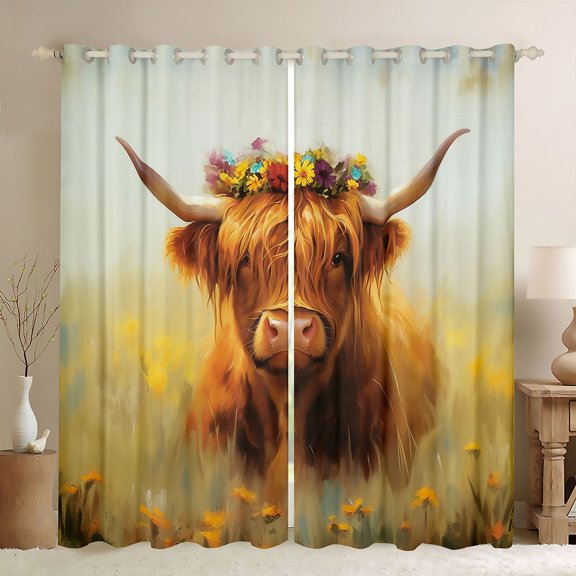 jejeloiu Brown Highland Cow Black Out Curtains,Rustic Farmhouse Cabin Curtains Pack of 2 (42x63 Each),Western Farm Bedroom Curtains For Boys Girls,Ultra Soft Home Decor