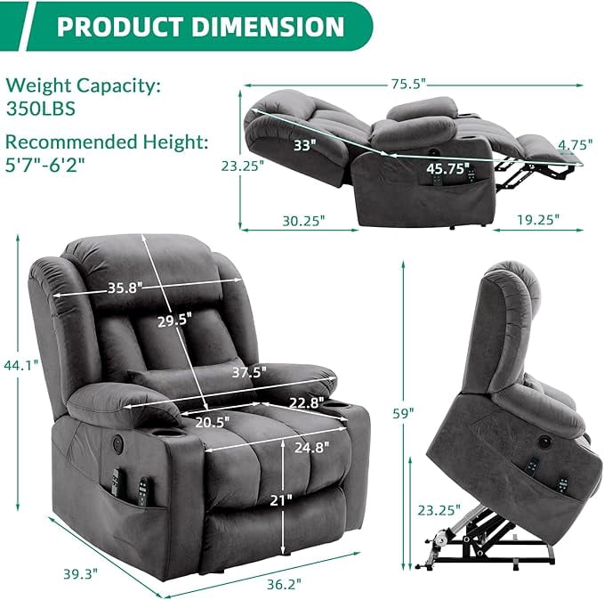 VIVIJASON Tall Man Dual Motor Power Lift Recliner, Oversized Lay-Flat Sleeper with Extended Footrest, Heat, Massage, Lumbar Pillow & USB/Type-C, Grey