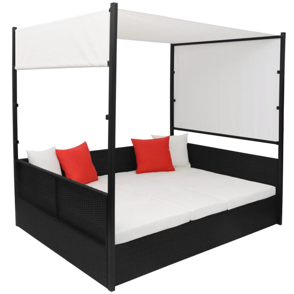 Kepooman Outdoor Rattan Double Chaise with Canopy & Bed Coffee Table, Black Kepooman Outdoor Rattan Double Chaise with Canopy & Bed Coffee Table, Black