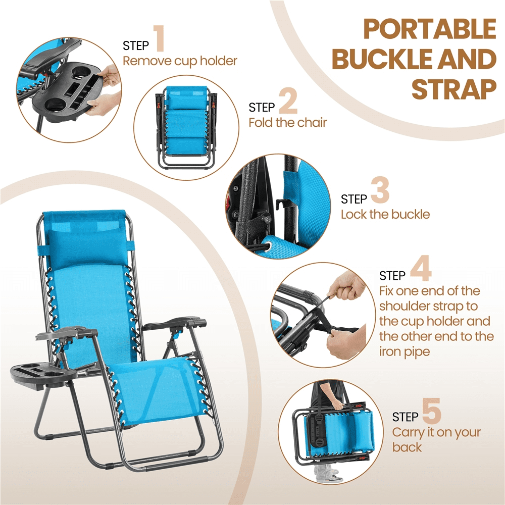 Alden Design 2pcs 26in Foldable Outdoor Zero Gravity Chair with Cupholder/Pillow, Light Blue