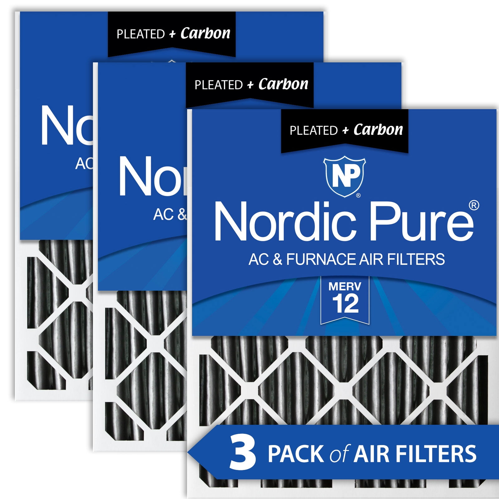 Nordic Pure 10x20x1 MERV 12 Pleated Plus Carbon AC Furnace Air Filters 3 Pack 3 Piece