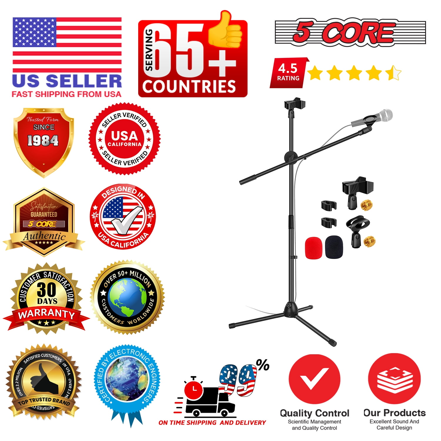 5 Core Microphone Stand Floor 2 Mic Clips Universal Height Adjustable Tripod Mic Stands w Boom Arm MS DBL 2 PCS