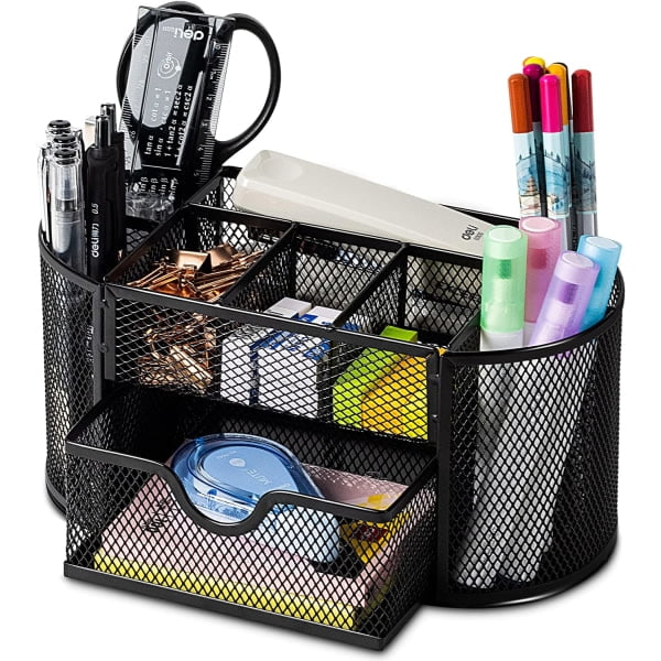 Mesh Desk Organizer Office Desk Organizer with Drawer, Metal 3 Compartments