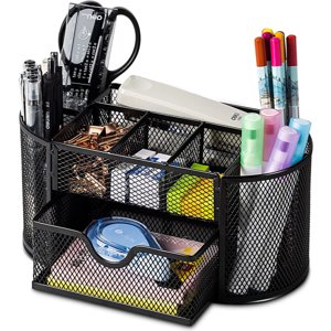 Mesh Desk Organizer Office Desk Organizer with Drawer, Metal 3 Compartments