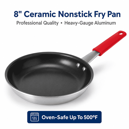 8-Inch Ceramic Nonstick Frying Pan, Heavy-Gauge Aluminum Small Skillet with Red Silicone Grip Handle, Black Nonstick Interior, Oven Safe Fry Pan for Gas Electric and Ceramic Glass Cooktops