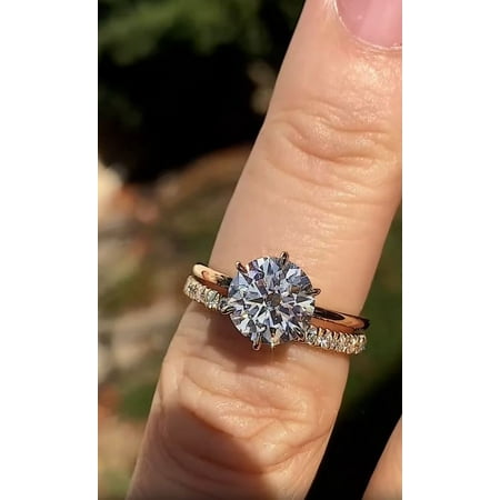 Solitaire Brilliance 2Ct Round Lab Grown Diamond Engagement Ring with Dainty Half Eternity Wedding Band Set in 14K Yellow Gold Ring