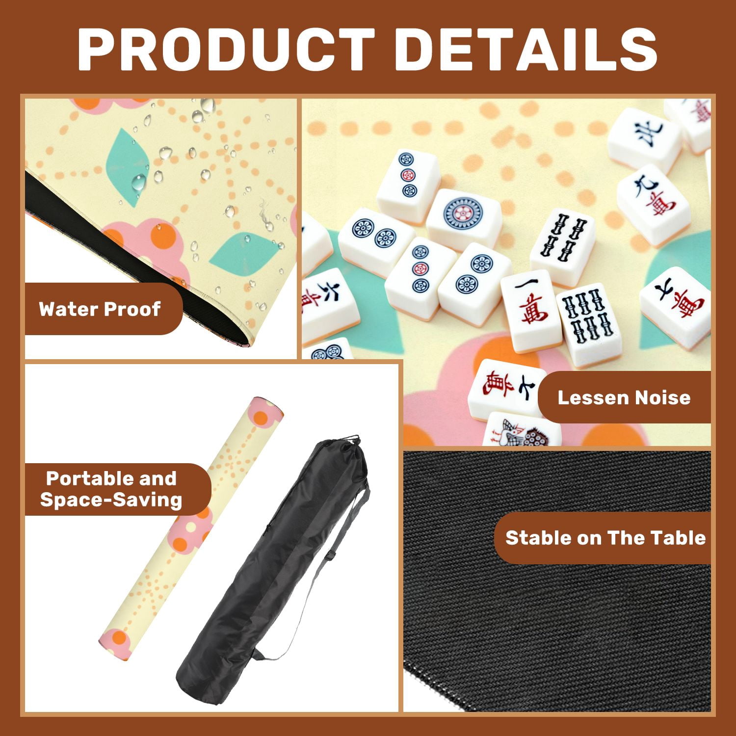 Mahjong Mat 31.5" x 31.5" Floral Pink Flowers Orange Dots Mint Green Leaves Yellow Non-Slip Noise Reduction American Mahjong Tiles Table Cover for Dominoes Poker Card Board Games Gift