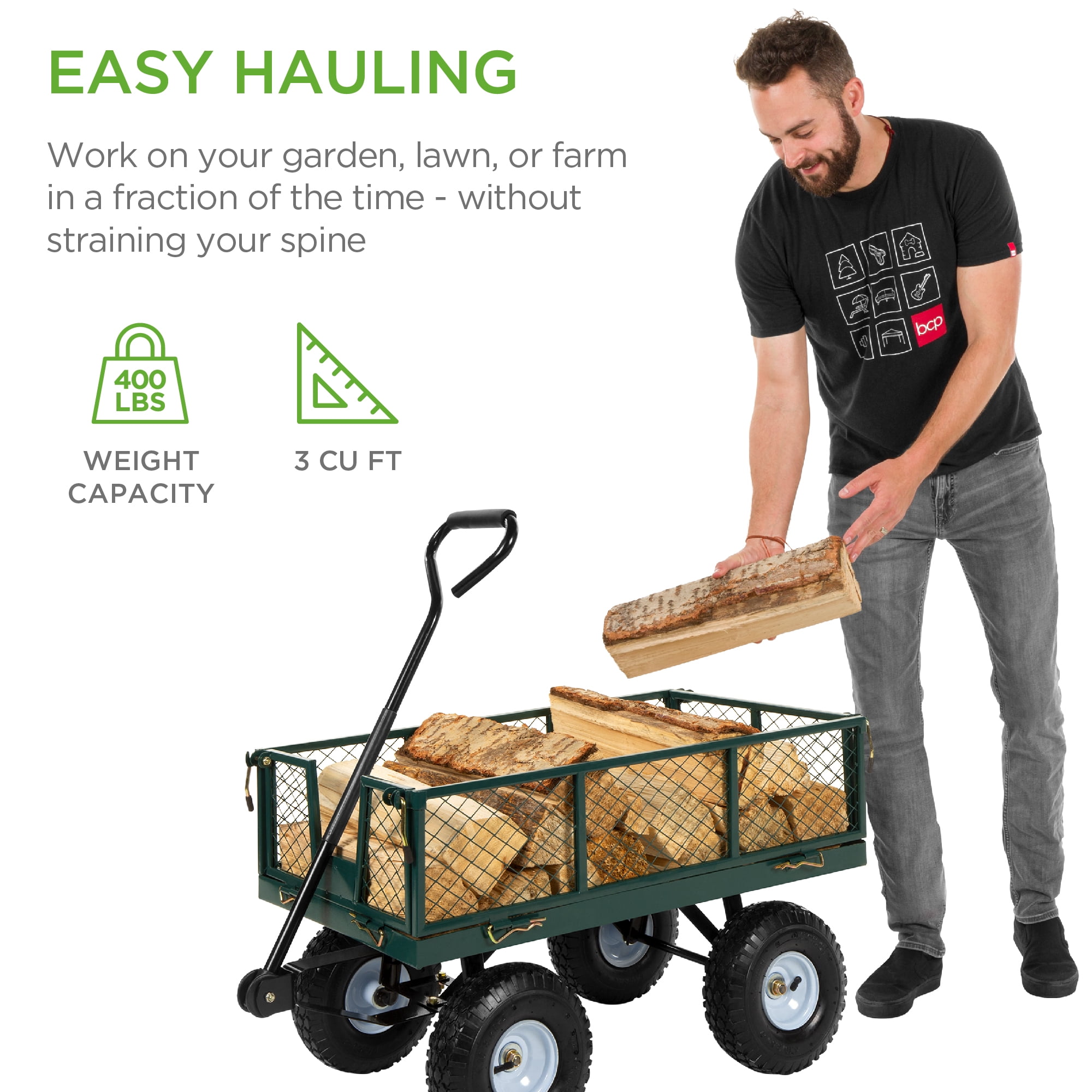 Best Choice Products Heavy-Duty Steel Garden Wagon Lawn Utility Cart w/ 400lb Capacity, Removable Sides, Handle - Green