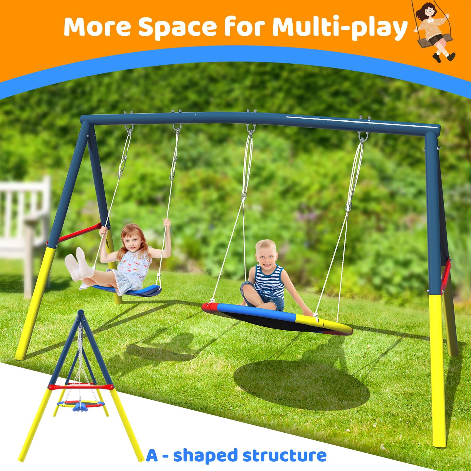 Swing Sets for Outside Backyard, Metal Toddler Swing with Heavy-Duty A-Frame, Outdoor Swing Stand with 1 Saucer Swing Seat & 1 Belt Swings Seat, 440LBS, Blue