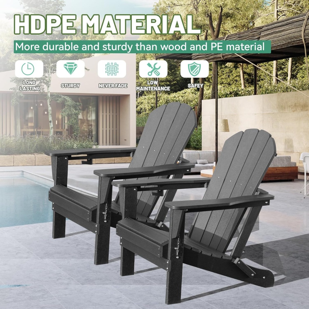 Folding Adirondack Chairs Set of 2, All-Weather HDPE Lawn Chairs with Cup Holder, Comfortable Outdoor Patio Chairs for Deck, Porch, Backyard, Garden, Grey