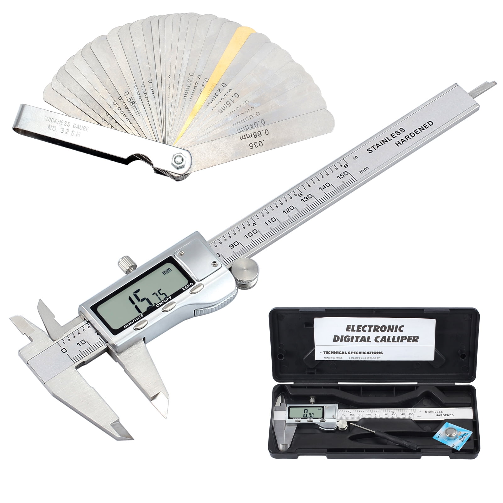 Digital Vernier Caliper+Feeler Gauge 6"Stainless Steel Electronic Measuring Tool 