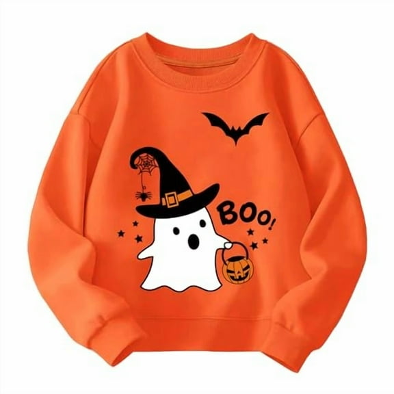 LIIPEE Girls Hoodies Halloween Warm Cartoon Pumpkin Ghost Graphic Printed Long Sleeve Round Neck Pullover Tops Stylish Climbing Hiking Camping Cycling Sweatshirts,Orange,2-3 Years