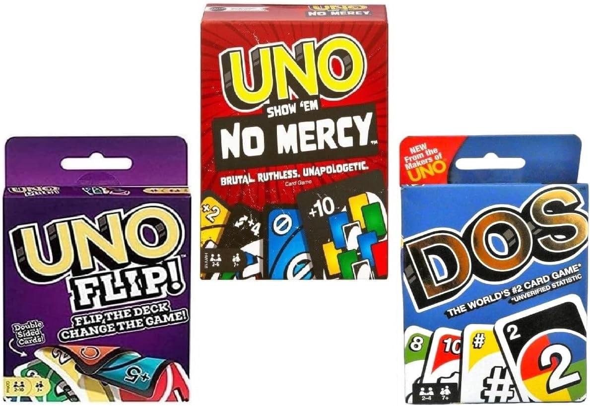 Mattel Uno No Mercy, Flip and Dos Card Game, Combo Pack of 3