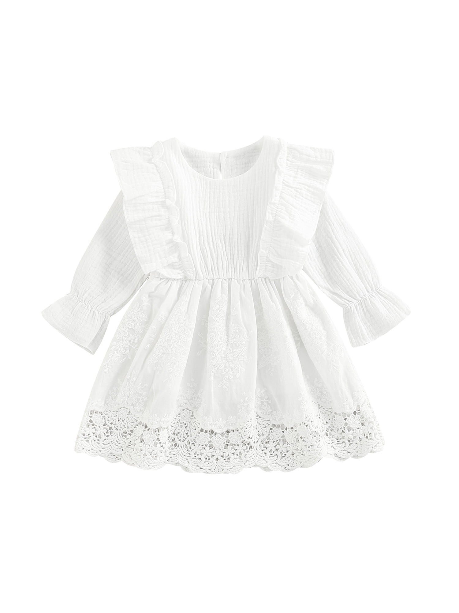 Infant Baby Girls Fall Dress Solid Color Round Neck Ruffled Long Sleeve