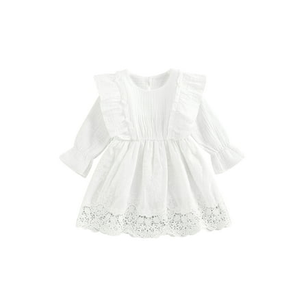 

jaweiwi Infant Girl Spring Fall Lace Dresses Solid Color Round Neck Long Sleeve A-Line Dress Wedding Stage Costumes Size 0 6 12 18 24 M