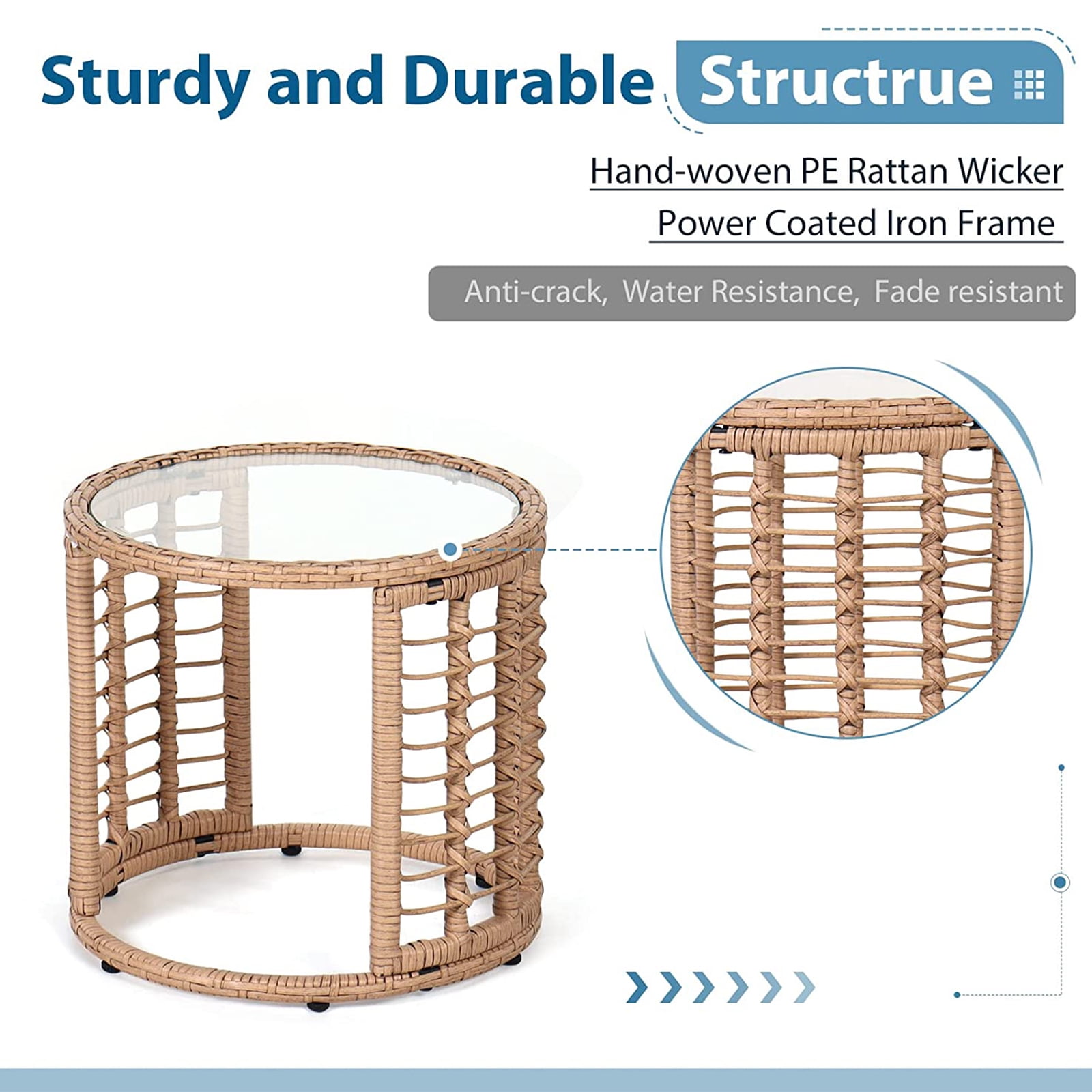 Outdoor Wicker Side Table, Patio End Table with Tempered Glass Top, All-Weather PE Rattan Round Coffee Table, Iron Frame, Beige