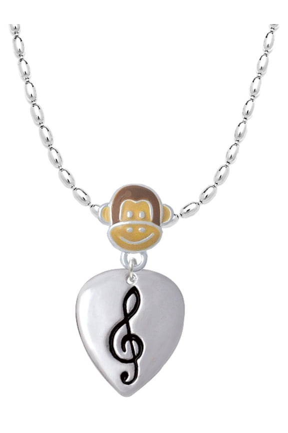 Silvertone Large Clef on Guitar Pick Mia Monkey Charm Necklace