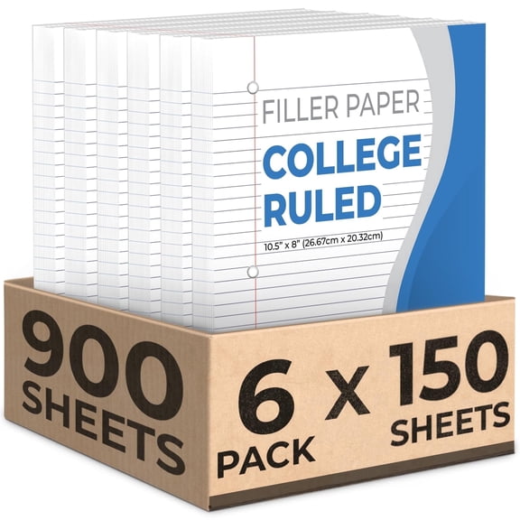 Rosmonde Loose Leaf Paper 6 Pack, 900 Sheets, College Ruled, 8 x 10.5 in, 3 Hole Punched, 150 Sheets/Pack, White Filler Paper for 3 Ring Binders, School & Office Use