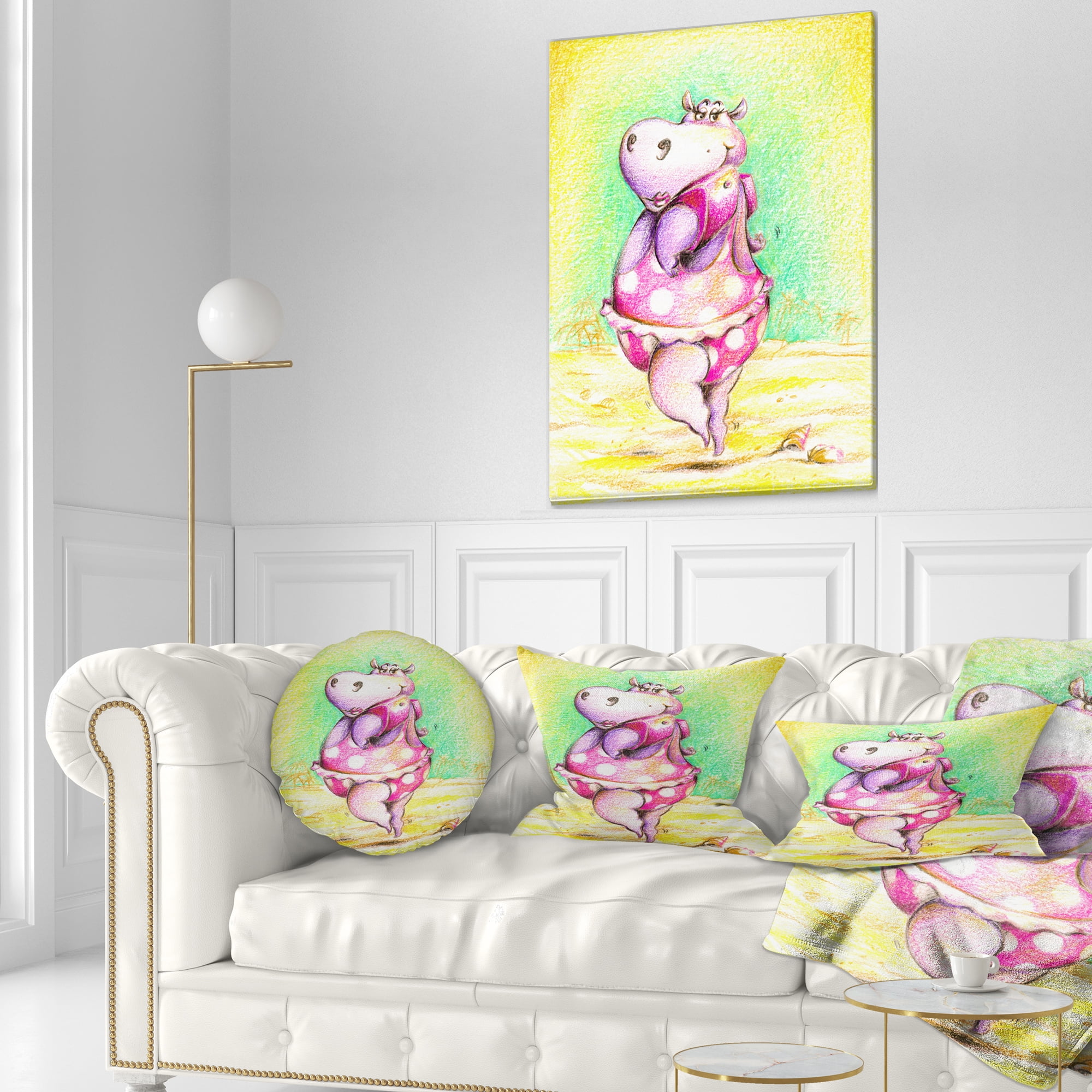 Designart Cute Hippo Goes Swimming - Abstract Throw Pillow - 12x20