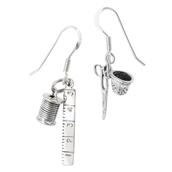 Sewing Kit Craft Lover Spool .925 Sterling Silver Scissors Dangle Thimble Earrings Jewelry Female