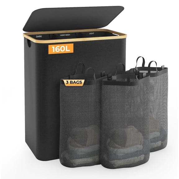NUBILY 160L Extra Large 3-Section Laundry Hamper with Lid, Bamboo Frame Oxford Fabric Divided Laundry Basket for Bedroom, Adult(Black)