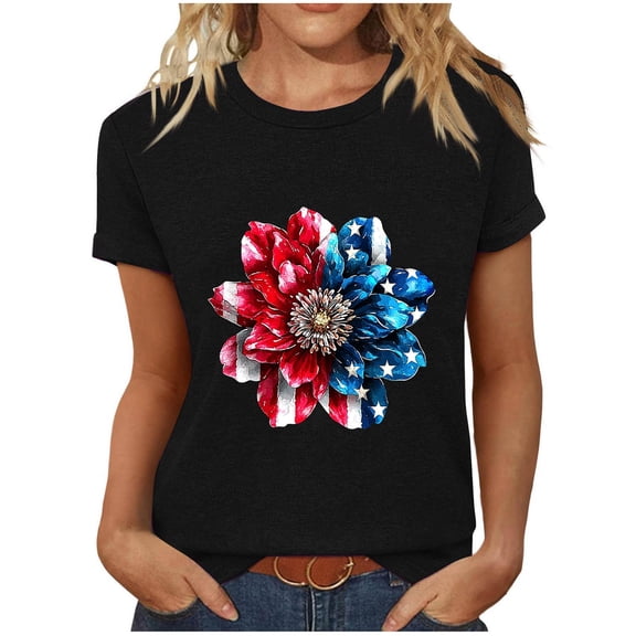 NuoCaiYun Independence Day Tops for Women, Ladies Spring Summer Short Sleeve Round Neck Casual Printed T-Shirt