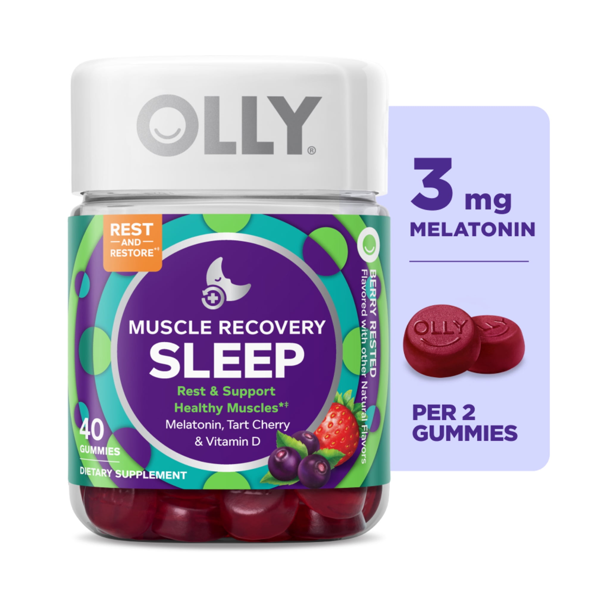 OLLY Muscle Recovery Sleep Gummies with Tart Cherry and Vitamin D, 3 mg Melatonin, 40 Count