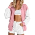 thumbnail image 2 of IUYRTFE Women's Color Block Varsity Bomber Jacket Button Down Long Sleeve Casual Baseball Coat with Pockets, 2 of 5