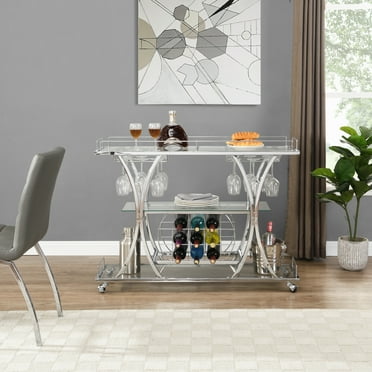 Holaki 44" Silver Bar Cart, Kitchen Serving Cart with Wine Racks & Glass Holder, Mobile 3-Tier Mirrored Shelves Chrome Metal Beverage Liquor Barcart Trolley on Wheel for Home