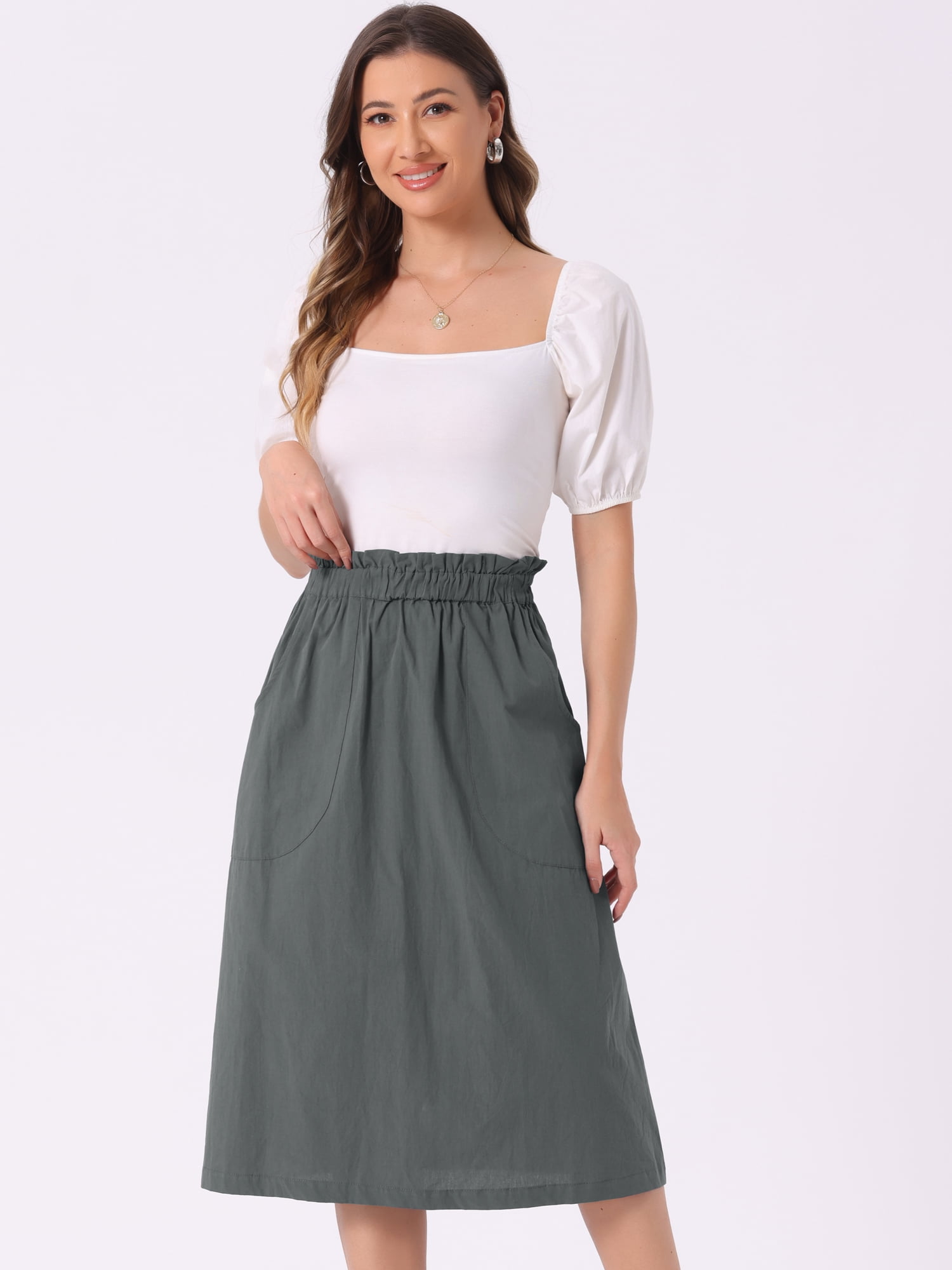 DARING DIVA Women's Cotton A-Line Midi Skirt with Pockets XS Dark Gray